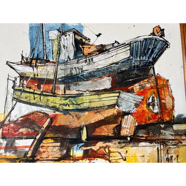 Vintage Boat in Harbor Oil Painting, Signed For Sale - Image 10 of 12