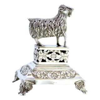 Silver Toothpick Holder with Goat on Plinth with Reliefs and Feet For Sale
