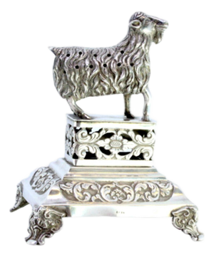 Silver Toothpick Holder with Goat on Plinth with Reliefs and Feet