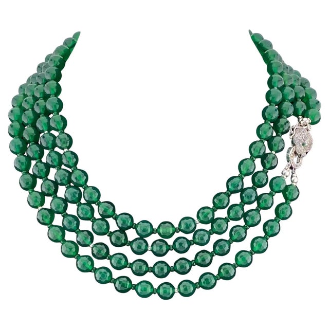 Green Onyx Double-Strand Necklace With Sterling Silver Leopard Clasp For Sale - Image 4 of 5