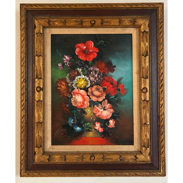 Vintage original floral still life oil painting on canvas. Features brightly colored flowers on a dark background. In...