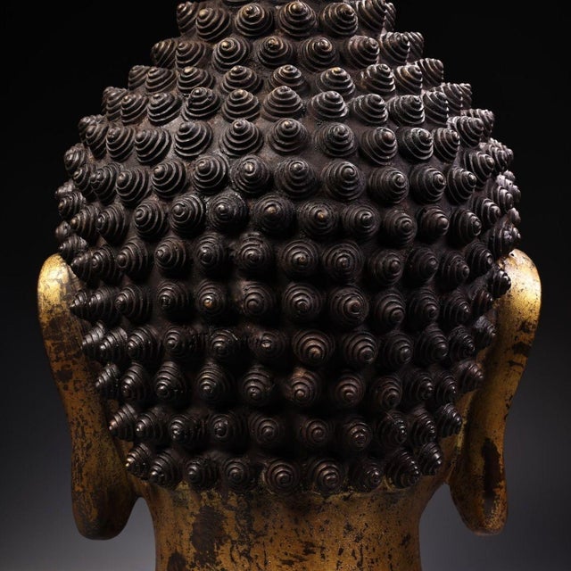 Late 20th Century Monumental Vintage Gilt Bronze Buddha Head Sculpture - Large Asian Zen Decor, 20 LBS For Sale - Image 5 of 9
