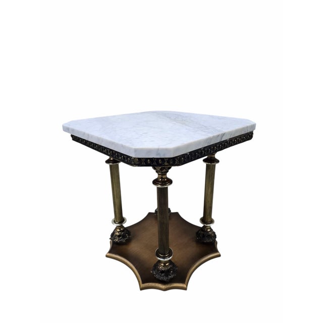 Hollywood Regency Neoclassical Style Marble Top Side Table with Fluted Brass Columns A vintage Hollywood Regency side...