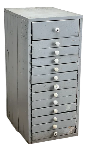 Antique Primitive Industrial Multidrawer Parts Cabinet With Porcelain Pulls