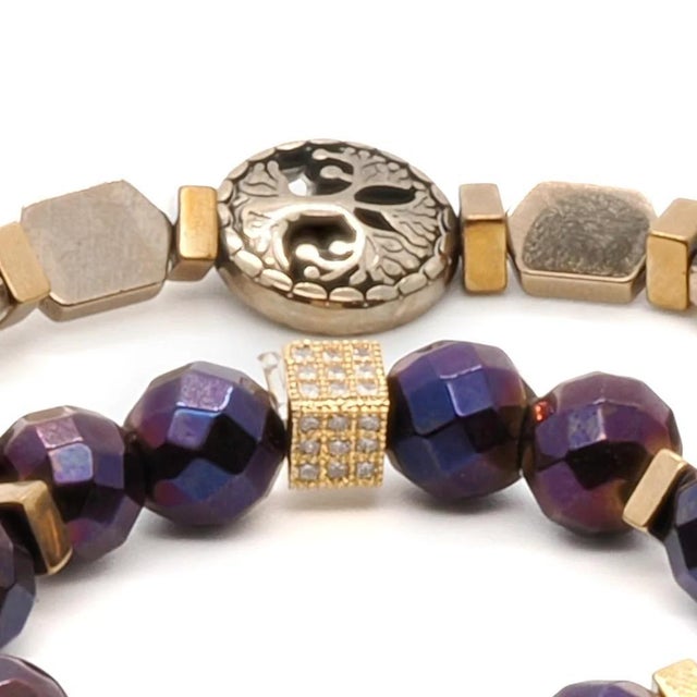 Early 21st Century Life Journey Purple & Gold Hematite Stone Beaded Bracelet Set For Sale - Image 5 of 7