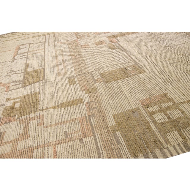 Modern Boho Chic Moroccan Style Handmade Abstract Beige Square Wool Rug For Sale In New York - Image 6 of 10