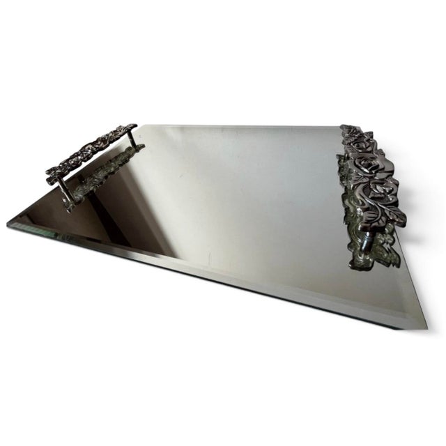 Vintage Vanity Tray Features a Beveled Mirror Surface With Detailed Floral Rose Trim on the Handles For Sale - Image 4 of 14