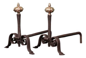 Italian Wrought Fire Dogs with Pomegranate Finials, 1800, Set of 2