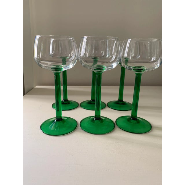 Lovely set of 6 vintage hand-blown wine glasses with green stems made in France