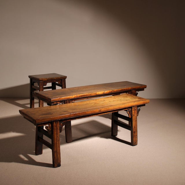 Vintage Rustic Bench with Stool and Coffee Table in Elm, 1980s, Set of 3 For Sale - Image 3 of 15