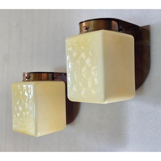 Glass Pair Vintage Art Deco Light Old Lamp Wall Sconces Fixture Brass & Cube Cream Milk Glass Shade Lamp Ship Light For Sale - Image 7 of 8