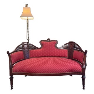 Edwardian Neoclassical Mahogany Parlor Settee, Circa 1900, Professionally Upholstered For Sale