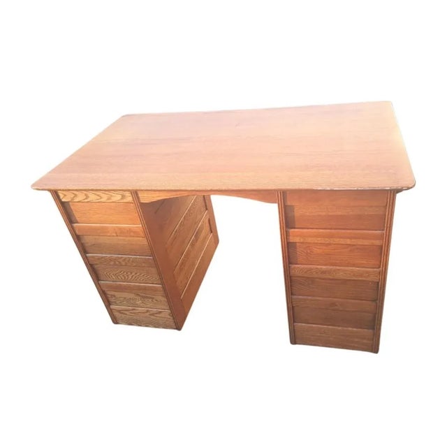 Handcrafted Solid Oak Partners Desk Writing Desk on Wheels, Circa 1960 For Sale In Washington DC - Image 6 of 12