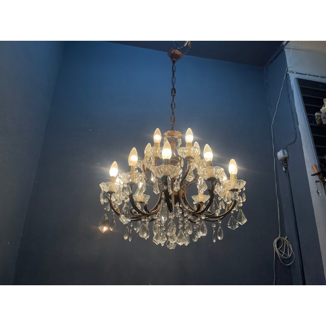 Vintage Bronze Crystal Chandelier 15 Lights, 1950s For Sale - Image 4 of 13