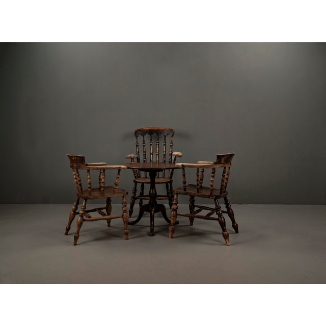 Victorian Oak Tilt-Top Table with Capitan Armchairs in Elm and Mahogany, England, 1890s, Set of 5 For Sale - Image 10 of 18