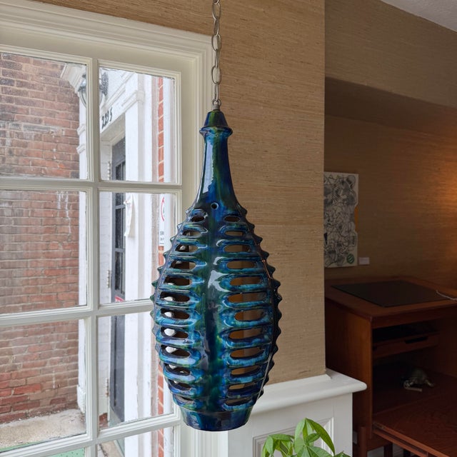 Blue Mid 20th Century Mid Century Modern Glazed Ceramic Swag Light Lantern Brutalist Style For Sale - Image 8 of 9