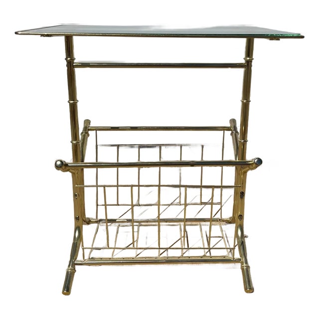 Gold Faux Bamboo Side Table Vintage Mid Century Modern Glass Rack For Sale