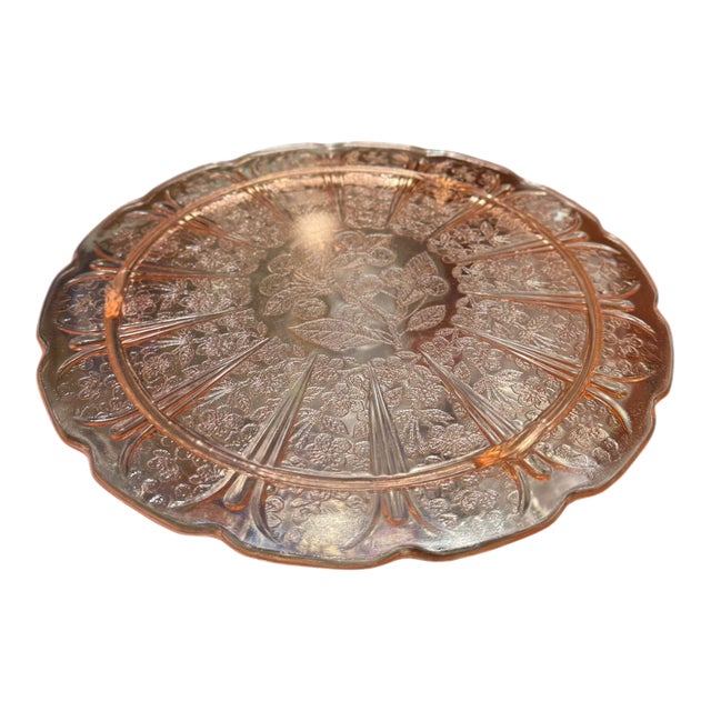 Vintage Pink Depression Glass Cake Plate Jeanette Cherry Blossom Footed Glass Cake Plate For Sale