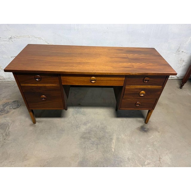Brown Mid Century Modern Walnut Writing Desk by Stanley Furniture For Sale - Image 8 of 18