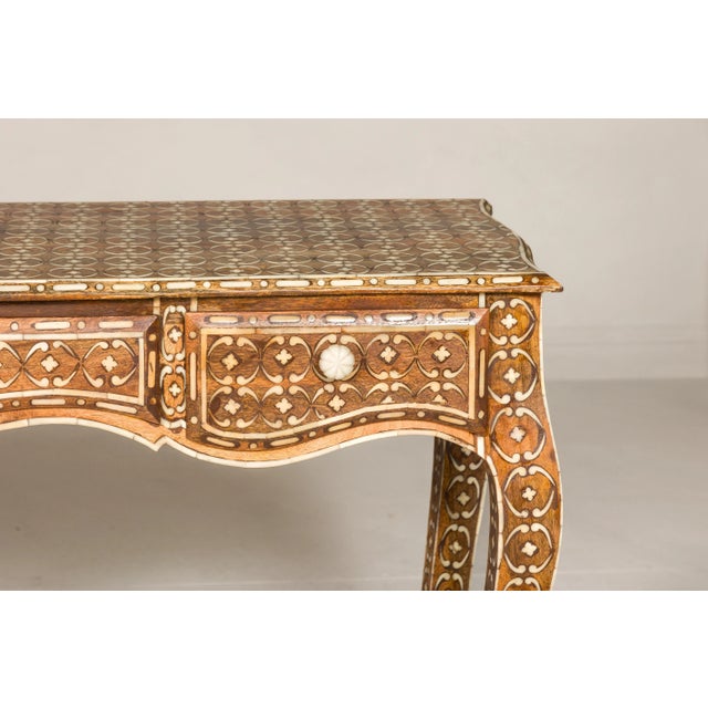 Brown Early 21st Century Louis XV Style Anglo-Indian Console Table with Three Drawers & Bone Inlay For Sale - Image 8 of 12