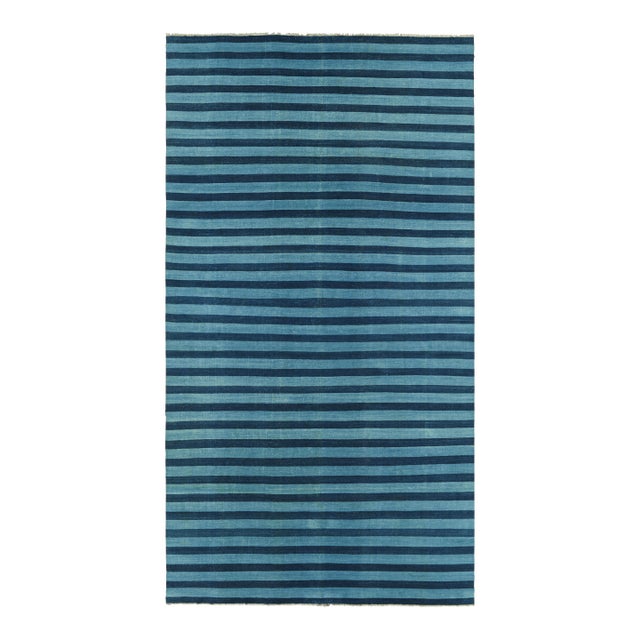 Rug & Kilim's Oversized Contemporary Dhurrie Rug in Blue Geometric Stripes - 6x9 For Sale