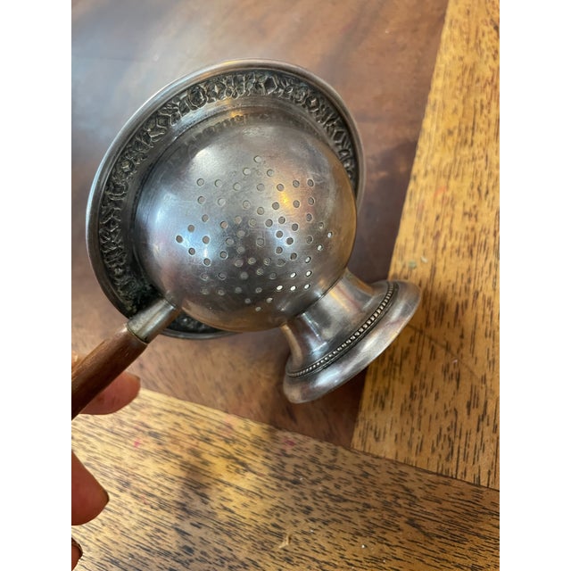Mid 20th Century Alpaca Silver Embossed Flower Wood Handled Tea Strainer For Sale - Image 10 of 12