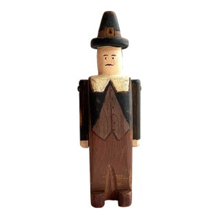 Wolf Creek Folk Art Signed Pilgrim Man Karen Rankin 1989 Wood Carved Painted Figurine For Sale