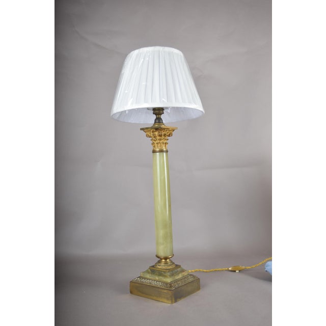Green Onyx Corinthian Column Table Lamp with Pleated Shade, 1930s For Sale - Image 12 of 17