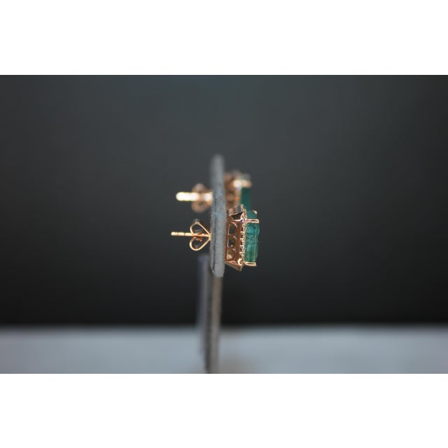 Emerald Cut Green Emerald Diamond Halo Stud 18k Rose Gold Earrings, A Pair For Sale - Image 9 of 18