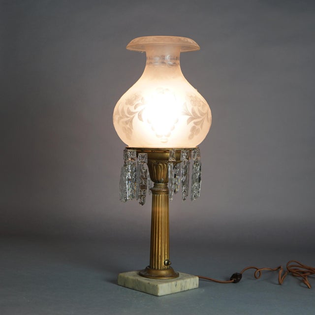 Metal Antique Argand Sinumbra Bronze & Brass Solar Lamp with Opalescent Glass Shade For Sale - Image 7 of 12