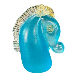 Mid 20th Century Aqua Blue Murano Art Glass Horse Head Paperweight For Sale