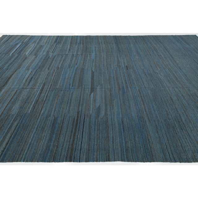2020s Modern Minimalist Slate Blue Handmade Kilim Wool Rug 12x18 For Sale - Image 5 of 12