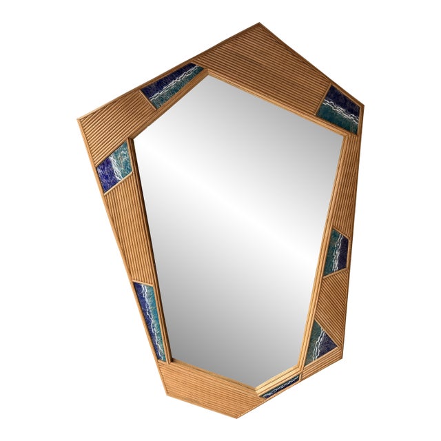 Contemporary Asymmetrical Mirror Rattan Marquetry and Enamel Metal. Italy For Sale