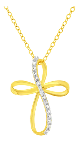 10K Yellow Gold Plated .925 Sterling Silver Diamond Accent Cross Ribbon 18" Pendant Necklace