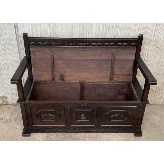 Black 19th Spanish Carved Hall Bench With Storage For Sale - Image 8 of 13