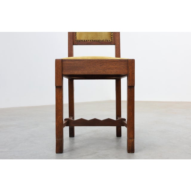 1920s Vintage Art Deco Belgian Oak Side Chair with Yellow Upholstery, 1920s For Sale - Image 5 of 15