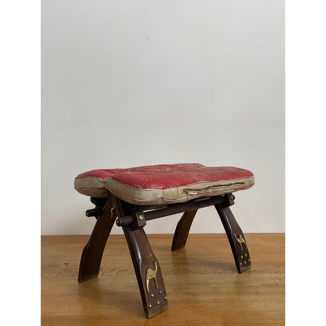 Red Vintage Mid-Century Egyptian Camel Saddle Stool – Red Leather & Brass Details For Sale - Image 8 of 13