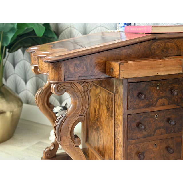 Antique Victorian Burl Walnut Wood and Leather Davenport Writing Table Secretary Desk For Sale - Image 9 of 18
