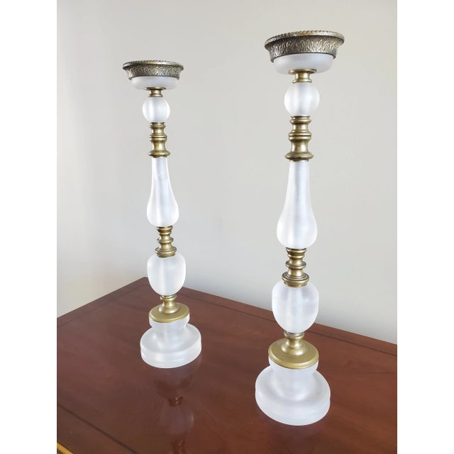 Frosted Lucite and Brass Candlesticks- a Pair For Sale - Image 4 of 8