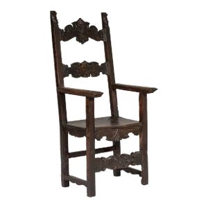 Antique High Back Wooden Throne Chair with Richly Hand-Carved Back and Skirt