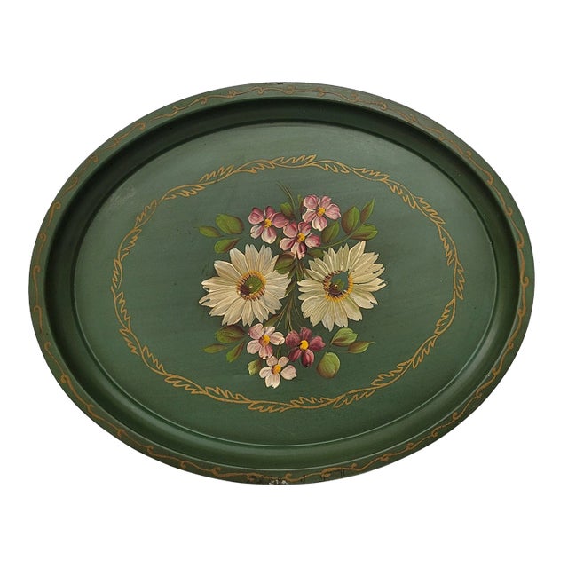 1970s Rustic Floral Metal Tole Serving Tray For Sale