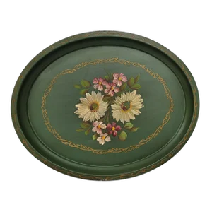 1970s Rustic Floral Metal Tole Serving Tray