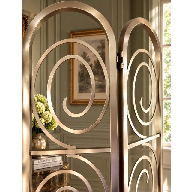 1990s Ethan Allen Radius Collection Brushed Nickel Three-Panel Architectural Folding Room Divider For Sale - Image 16 of 18