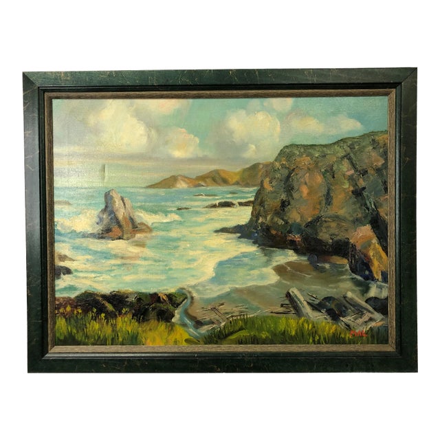 Early 20th Century The Ocean and the Rocks Oil on Canvas Signed by MAL, Framed For Sale