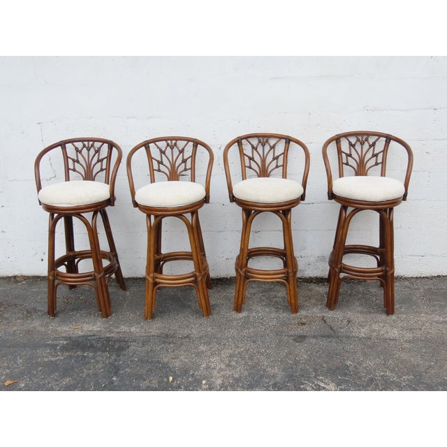 Hollywood Regency Bamboo Rattan Swivel Barstools a Set of Four 6367 For Sale - Image 15 of 18