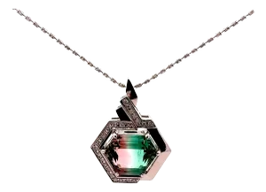 23.32 Carat Bi-Color Tourmaline Diamond Platinum Hexagon Pendant