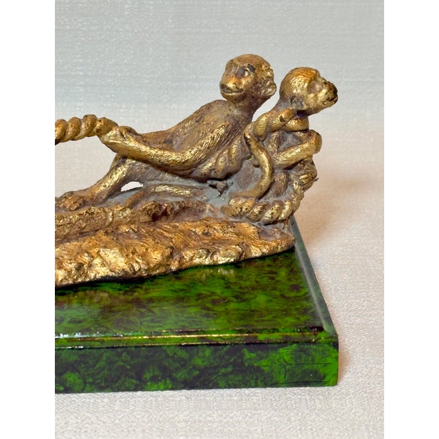 Gold Mid-Century James Mont Style Bespoke Hand Gilt & Faux Malachite "Monkey Business" Art Sculpture / Business Card Holder - Newly Painted For Sale - Image 8 of 12