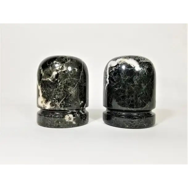 Pair Mid Century 1970s 1980s Solid Marble Bookends. Black and Charcoal Grey with White Veins.