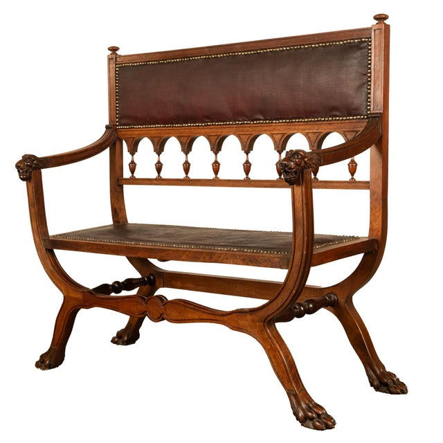 Antique Renaissance Revival Carved Walnut & Leather Hall Window Bench Italy 1880 For Sale - Image 4 of 15