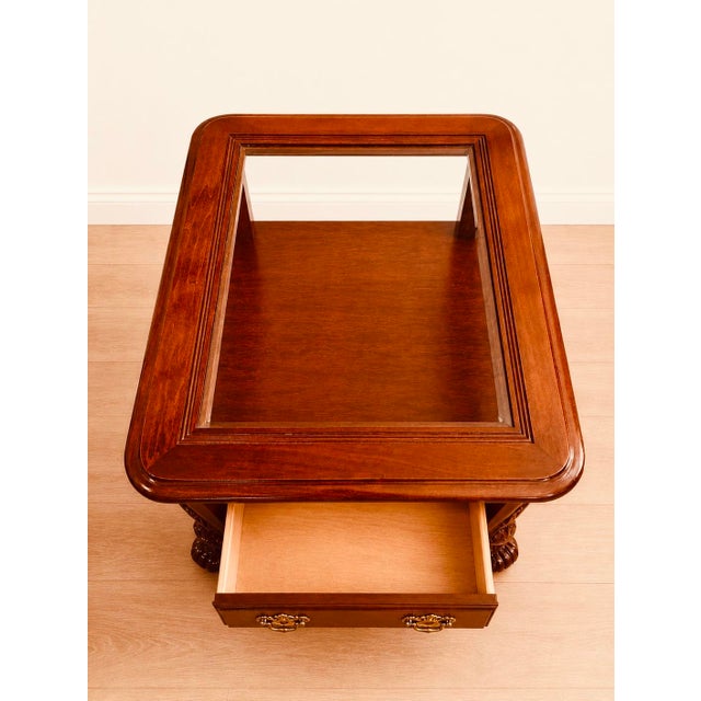 Bassett Furniture Pair of Vintage Bassett Glass Top Cherry End Tables With Drawers For Sale - Image 4 of 10